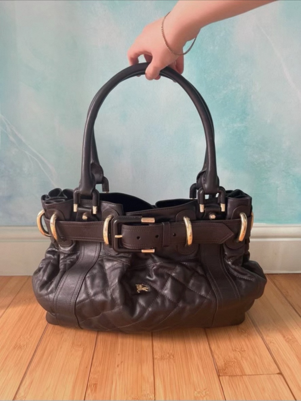 Authentic Burberry Dark Brown Quilted Leather Handbag w/ Dust Bag